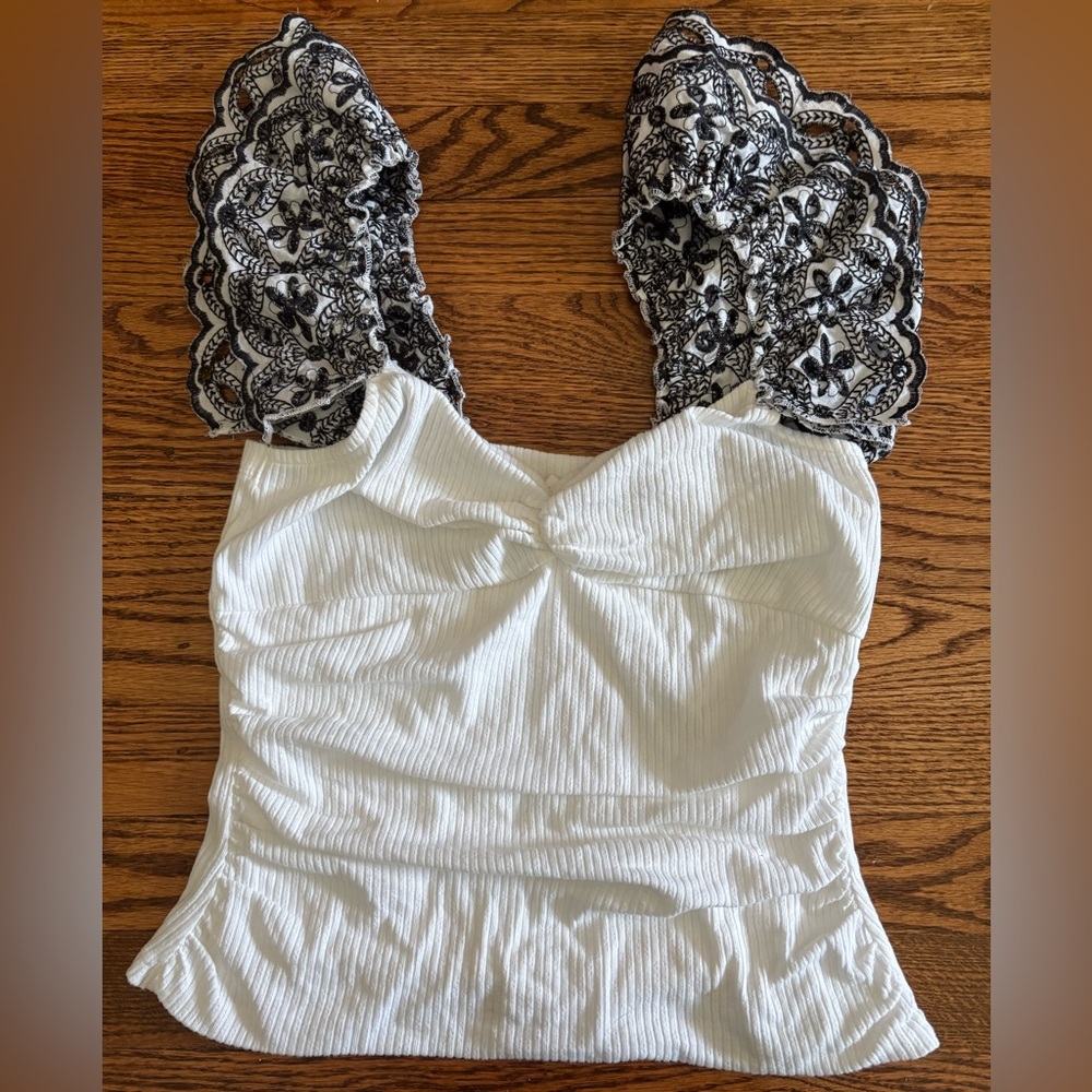 Anthropologie White and Black Fitted Ruffled Blouse